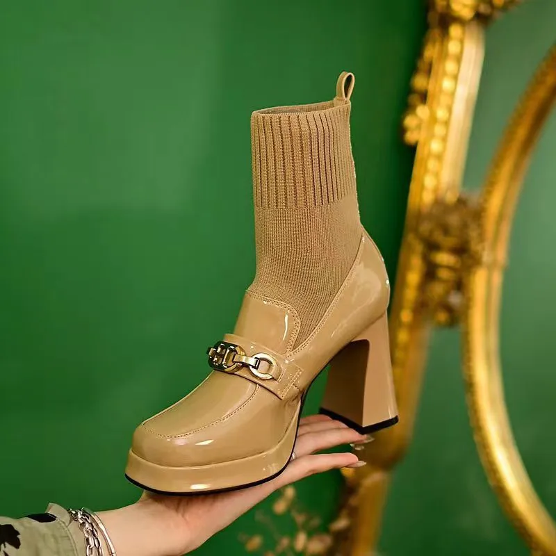 European Fashionable Women's Boots Design Version Square Toe Versatile Minimalist Style Triple Apricot Free shipping_ecoleips.com