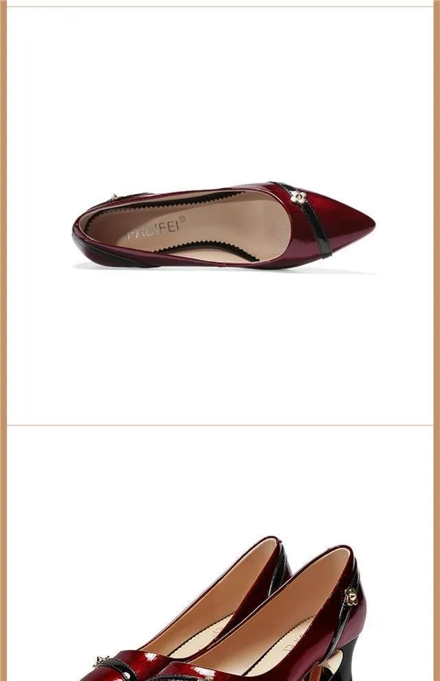 Sapatos femininos de couro fino, salto grosso, temperamento versátil, boca rasa, antiderrapante, trabalho, sapatos individuais, sem salto_voghion.com