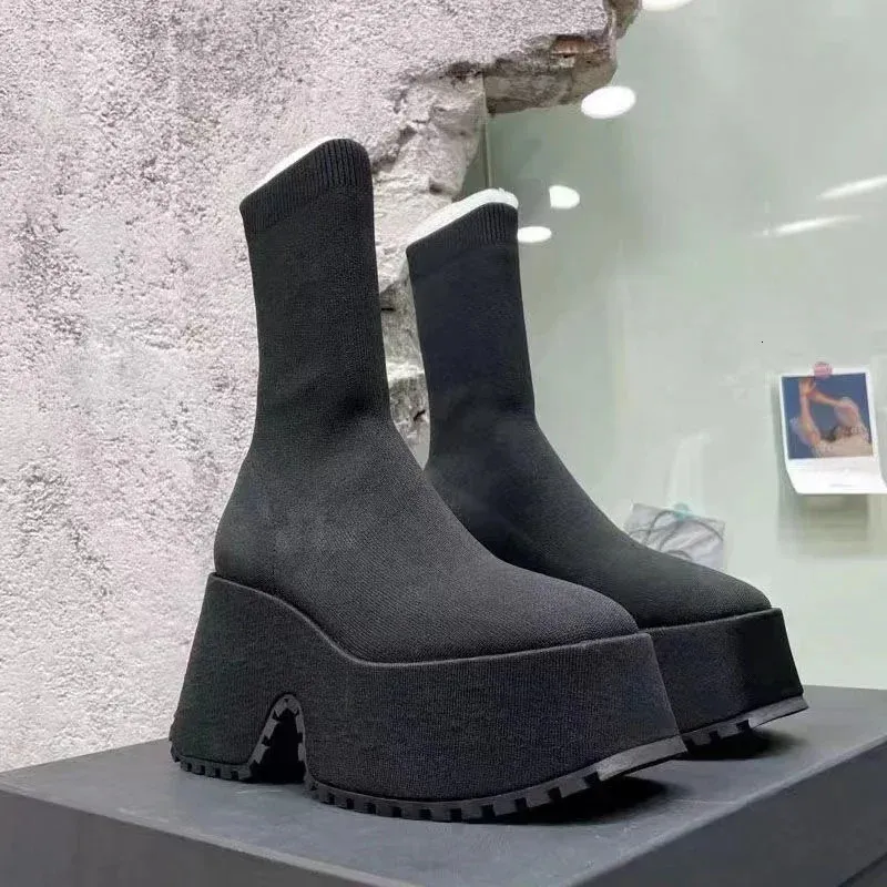 Șosete pantofi casual cu platformă ascunsă pentru femei, toamnă, tricotate, scurte, cizme cu platformă 11cm 241022_voghion.com