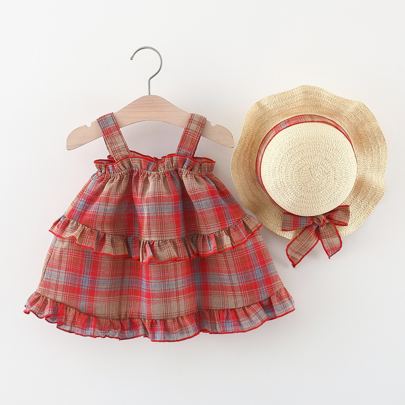 Toddler Girl Dress Red Checkered Pattern Cotton Dress High Quality Kids Clothes Send Hat_voghion.com