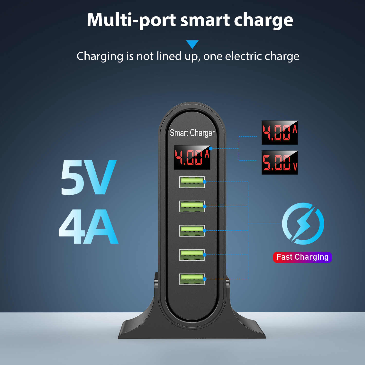 Cargador USB multipuerto de 5 V y 4 A, estándar americano, europeo, vertical, universal, con 5 puertos USB, cargador inteligente para viajes con pantalla digital_voghion.com
