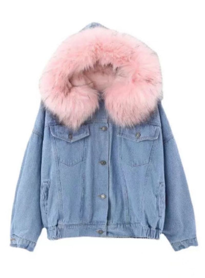 Vêtements pour femmes, hauts en jean à col en fourrure épaisse, vestes courtes amples en coton pelucheux pour femmes_voghion.com