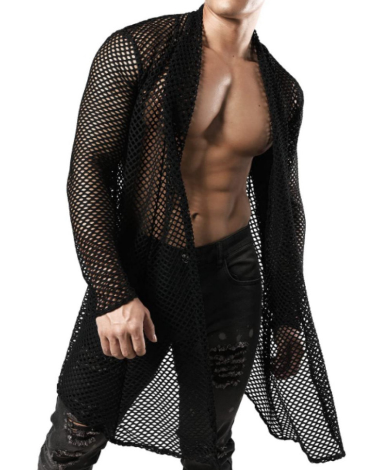 Herren-Übergröße, Schalkragen, Cut-Out, lange Strickjacke, Netzstoff, durchsichtig, Langarmshirt_voghion.com