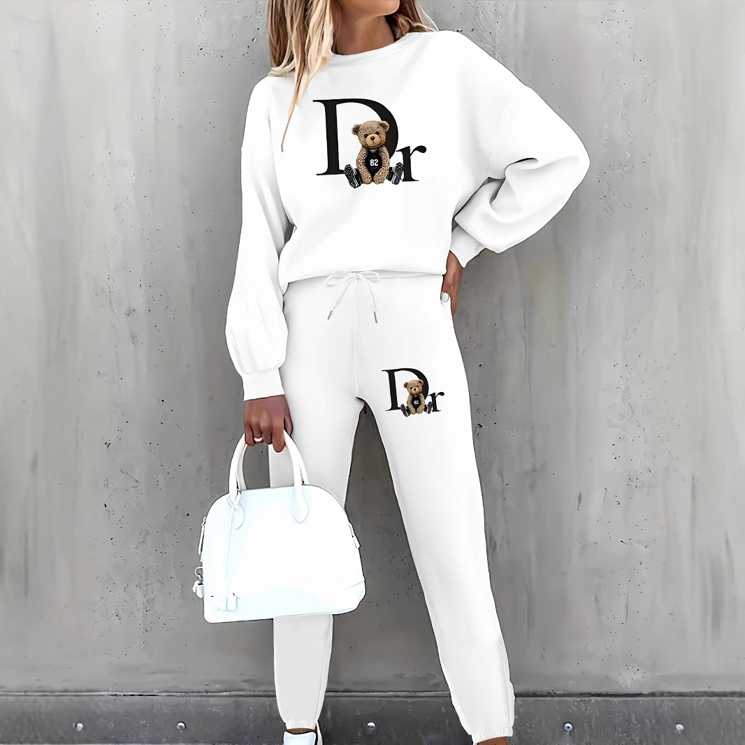 Women's Printed Two Piece Tracksuit, Long Sleeve Pullover Top And Drawstring Waist Pants, Casual Sportswear For Spring And Fall