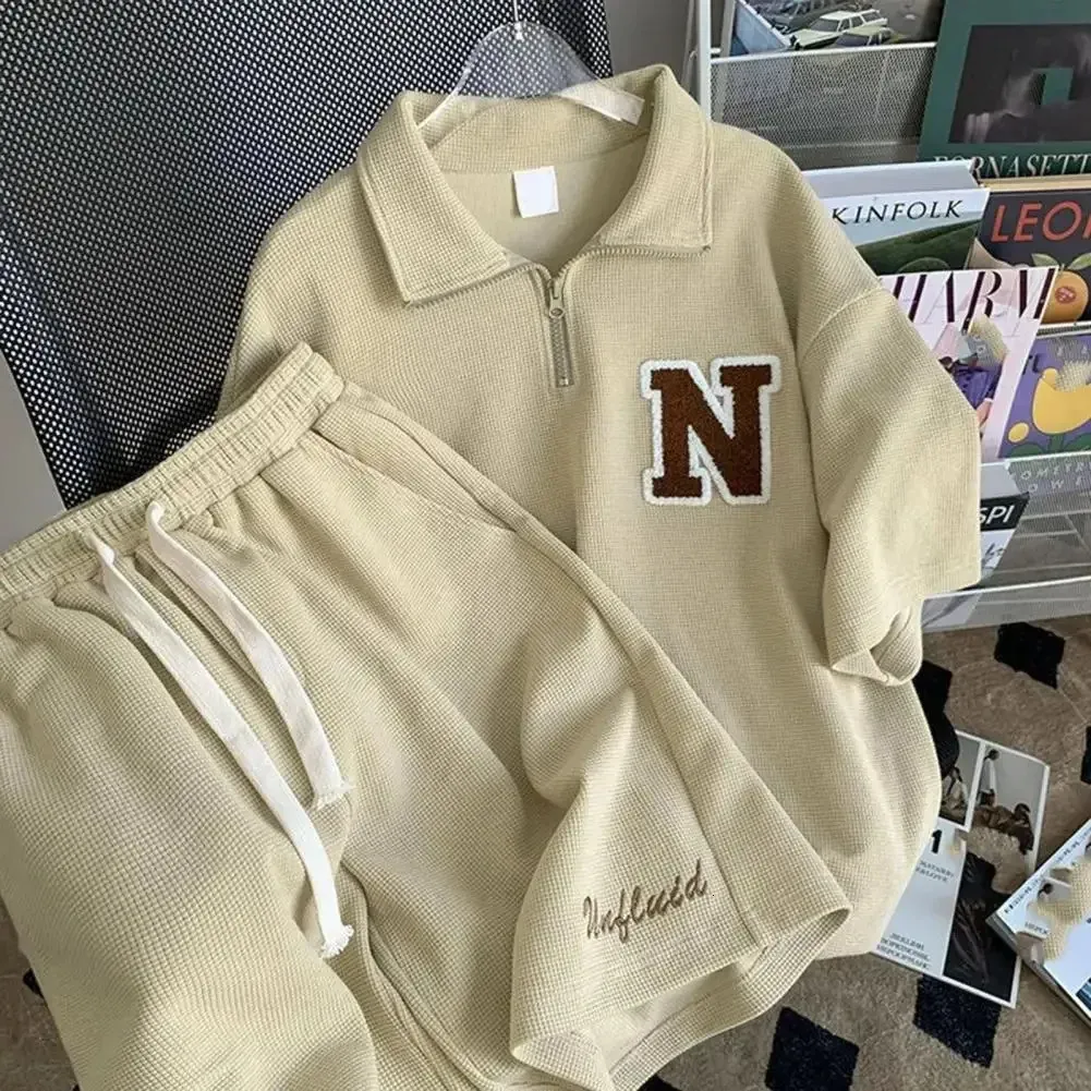 DESIGNERS Waffle Sports Suit Unisex Summer Men Loose Short Sleeve T-shirt Shorts Jogger Outfit Two-piece Set Letter Print Casual_voghion.com