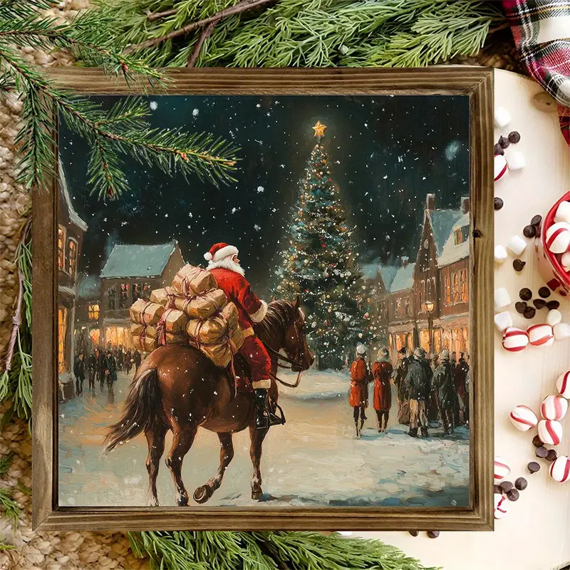 Tablou de perete din lemn cu Moș Crăciun cowboy de 20x20 cm - Moș Crăciun festiv din vest, cal călare sub stele. Decor unic de Crăciun, în stil rustic._voghion.com