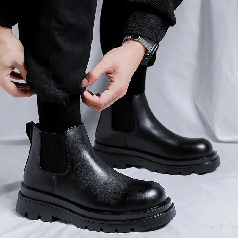 Men's Platform Chelsea Boots Leather High Top Elevator Shoes_voghion.com