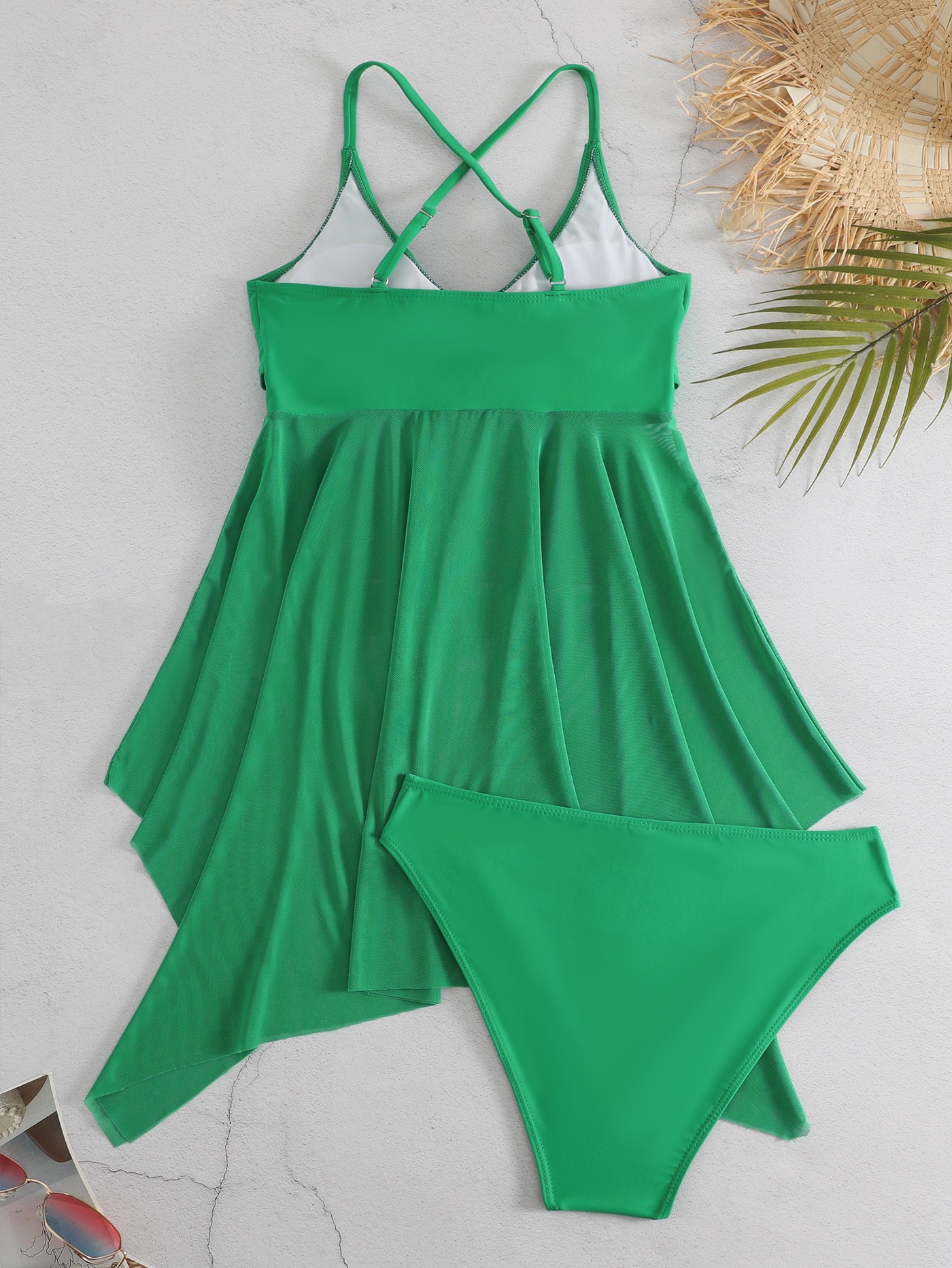 Dames Gauze Split Body High Waisted Mesh Badpak, Cross Top, Dubbele Schouderband_voghion.com