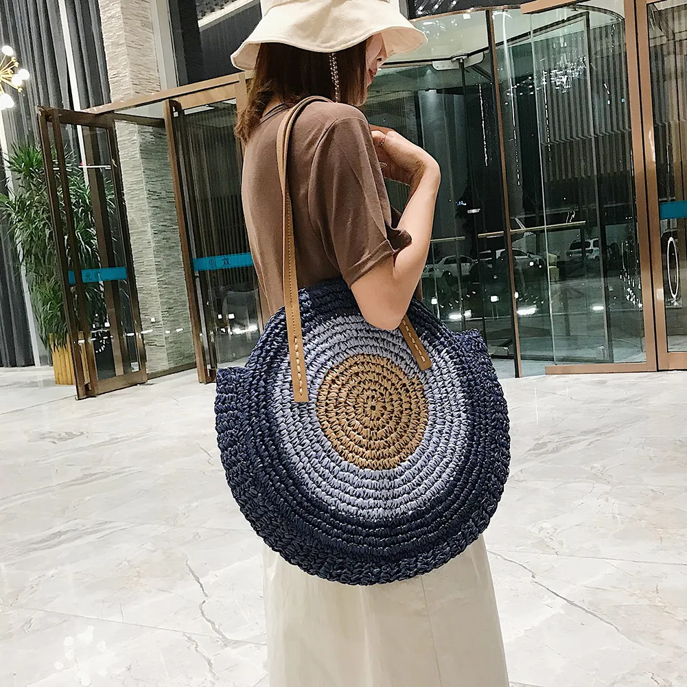Borsa a tracolla rotonda estiva da donna in rattan intrecciato, in paglia, fatta a mano, da spiaggia, per la spesa, con manico superiore_voghion.com