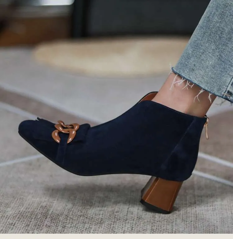 New Autumn/Winter Women Sheep Suade Toe Square Heel Mid-Heel Ankle Boots Fringed Zipper Fashion Office Lady Shoes_vogvips.com