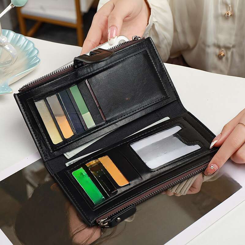 Laang hallefgefaltegt Reißverschlussmuster Damen High-End Multi-Kaarte kleng Täsch Luxusbijouen_voghion.com