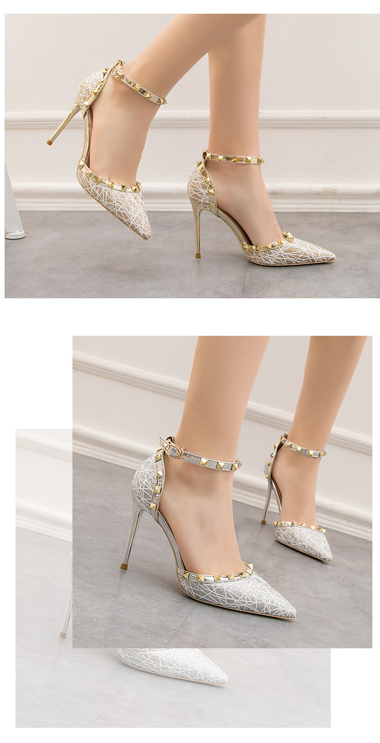 9288-20 Sexy Abnehmen Stiletto Nachtclub Damen Schuhe High Heels Flach Spitzschuh Hohl Niet Strap Sandalen_voghion.com