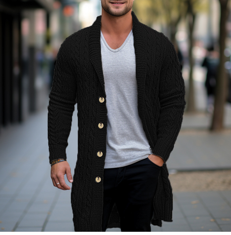 Pull mi-long en maille pour homme avec cardigan torsadé à aiguille épaisse et veste en laine SY0107_voghion.com