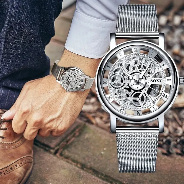 Mens Fashion Hollow Watches Men Business Watch Male Stainless Steel Mesh Belt Skeleton Quartz Wrist Watch Relogio Masculino_voghion.com