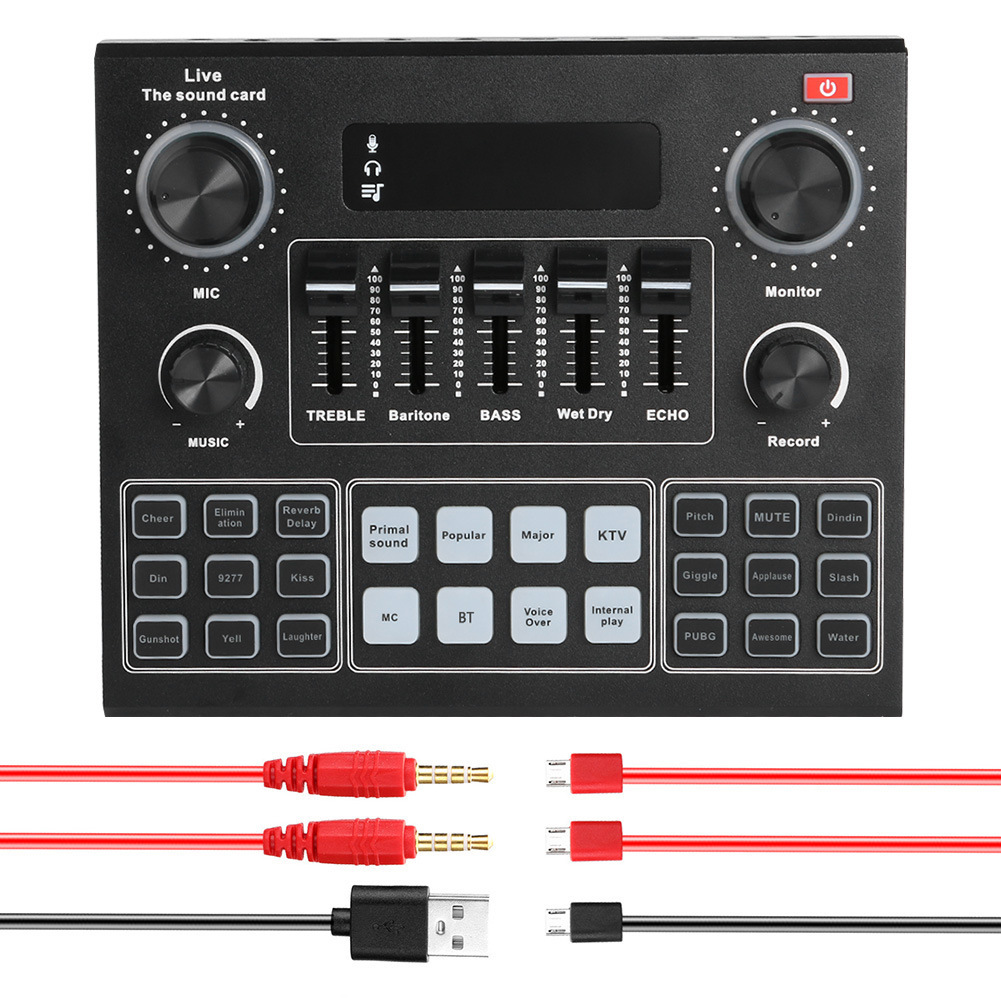Geluidskaart met stemwisselaar, 14 geluidseffectenmixer, audiomixer, podcast, Bluetooth live-geluidskaart voor iPhone, pc, microfoon_voghion.com