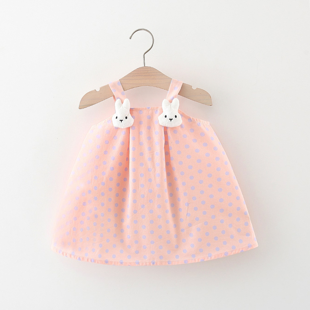 Vestido de verano para niña con estampado de lunares y flores, con tirantes de conejo y cremallera_voghion.com