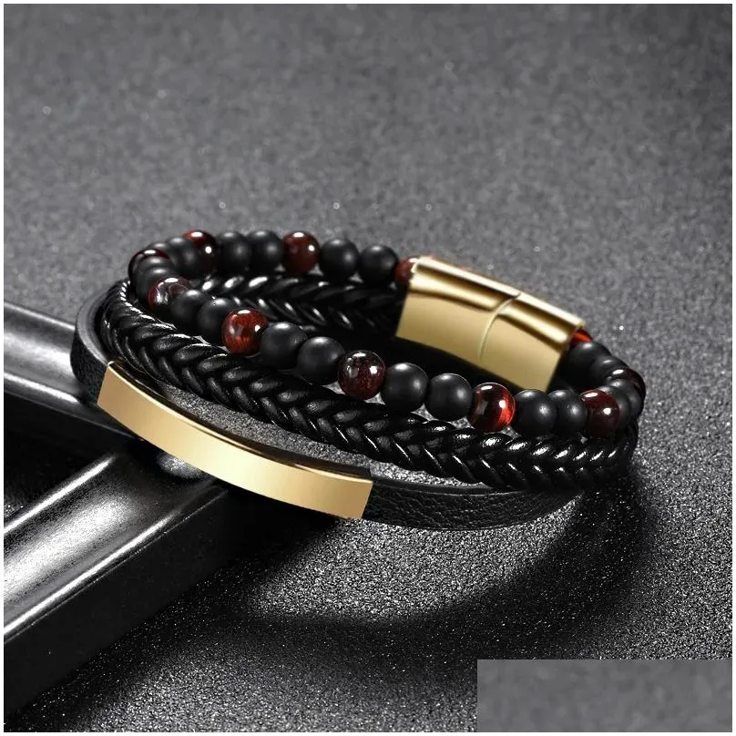 Multilayer Braided Leather Wrap Stone Lava Tiger Eye Natural Gemstone Bracelet Magnetic Clasp Bangle Cuff Wristband Drop_voghion.com