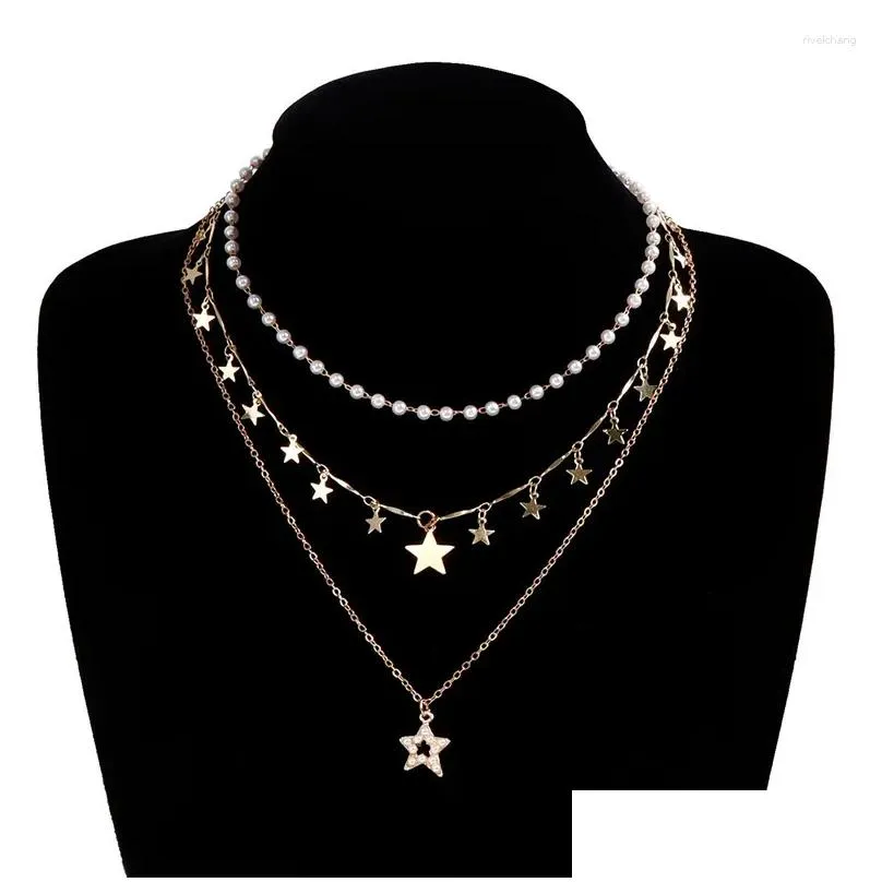 Kolye Kolye Bohem Katmanlı El Yapımı Yıldız Taklit İnci Vintage Chokers Kadınlar İçin Altın Renkli Kolye Moda_voghion.com