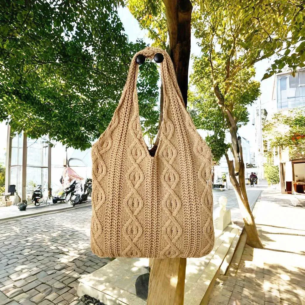 New Vintage Wool Knitted Hand Woven Shoulder Bag For Women Casual Shopping Handbag Large Capacity Female hetC241105_voghion.com