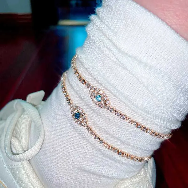 Enkelbandjes Flatfoosie Fashion Evil Eye Crystal Ketting Dames Goud Sier Water Diamant Tennis Enkelband Blotevoetenketting_voghion.com