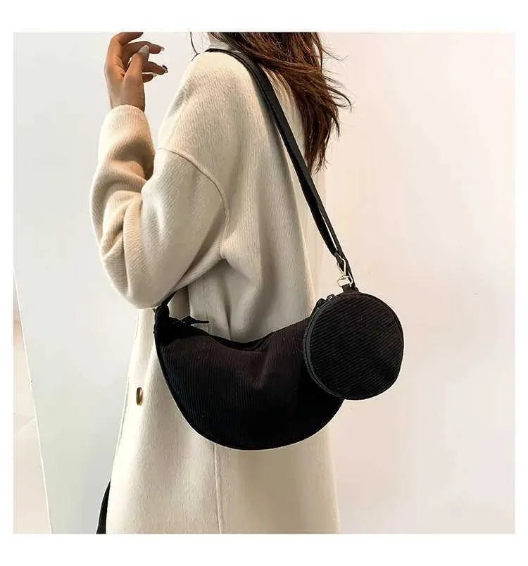 Borsa a tracolla casual in velluto a coste da donna Hobos, semplice, tinta unita, borsa a tracolla da donna, versatile, da pendolare_voghion.com
