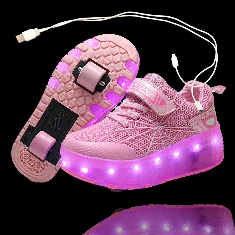 Kinderen One Two Wheels lichtgevende sneakers goudroze lichtgevende rolschaatsen kinderen led schoenen jongens meisjes USB-oplaadbaar_voghion.com