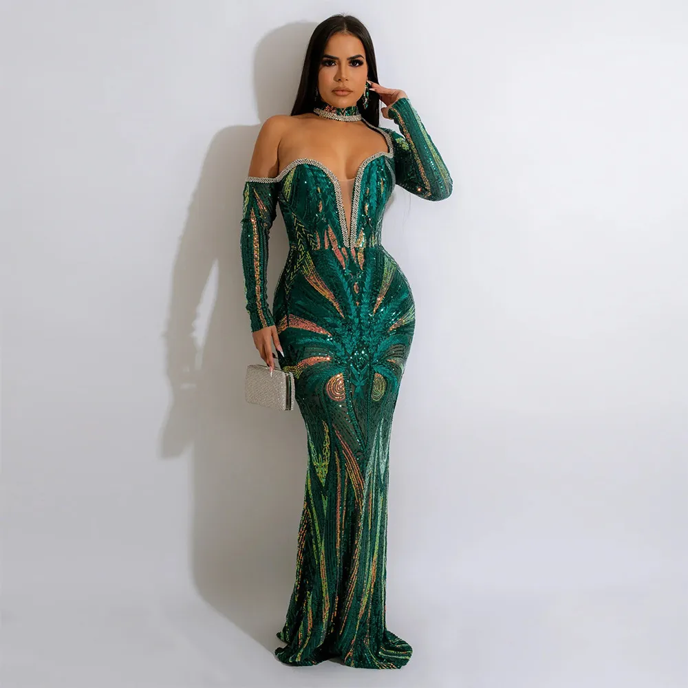 Vestidos casuales IDress 2023 Vestido elegante de lentejuelas de diamante de perforación de calidad para mujer Vestido largo maxi ajustado para fiesta Club nocturno_voghion.com