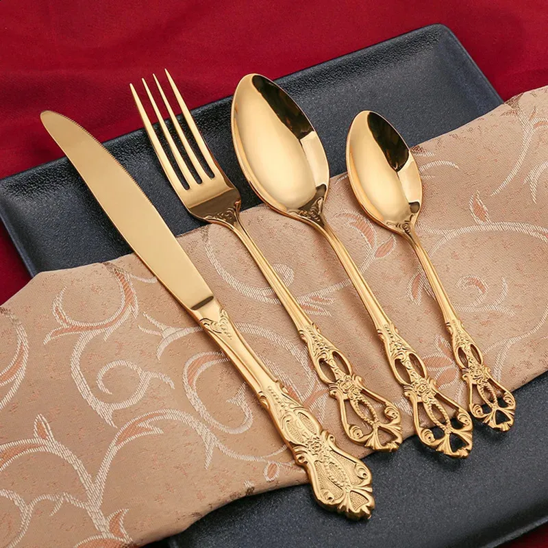 Conjunto de talheres de aço inoxidável dourado, colher, garfo e faca de bife europeus, retrô, oco, louça, talheres_voghion.com