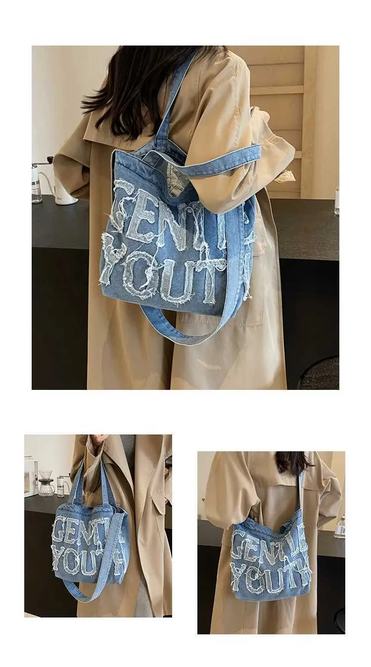 Minimalist Style R Edge Letter Design Jeans Canvas Solid Color Large Capacity Shoulder Bag Suitable For WomenC241116_voghion.com
