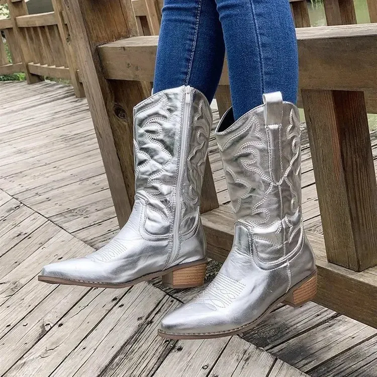 Bottes mi-mollet dorées avec fermeture éclair latérale et coin argenté Bottes noires en denim western rétro à la mode Grande taille 3-43 pour femmes_voghion.com