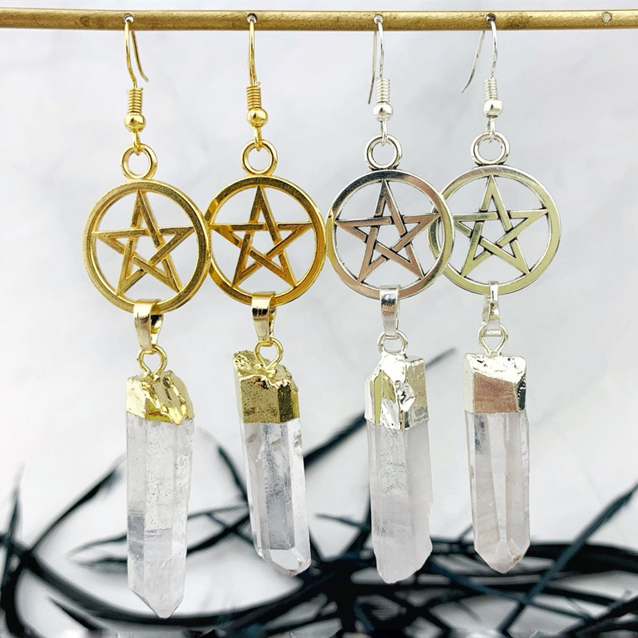 Boucles d'oreilles pendantes en cristal de quartz blanc irrégulier naturel, boucles d'oreilles créoles à pampilles, boucles d'oreilles étoile à cinq branches_voghion.com