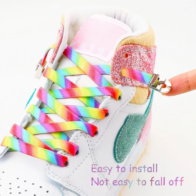 Gradien Rainbow Shoelace No Tie Shoe Meal Buckle Lock Shoelaces Wihou Ties Elasic Fla Laces Sneakers for Kids_voghion.com