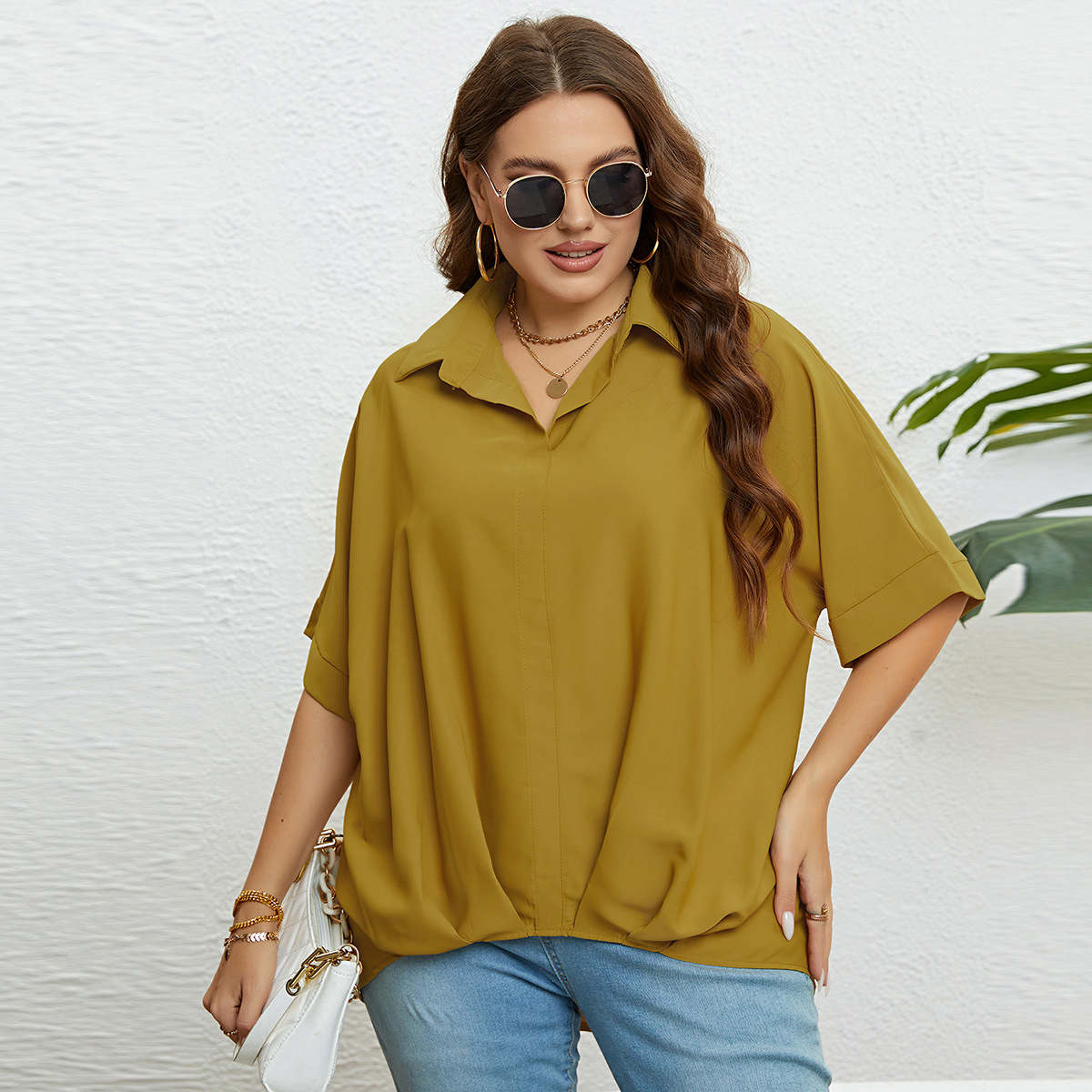 Topuri pentru femei, cu decolteu în V, slim fit și mâneci în cinci puncte, mărimi mari_voghion.com