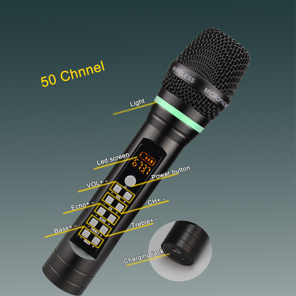 UHF käeshoitav juhtmevaba Bluetooth-karaokemikrofon Mikro-DSP kaja kõrge bassi reguleerimiskanaliga kodumikrofonid koos vastuvõtjaga_voghion.com
