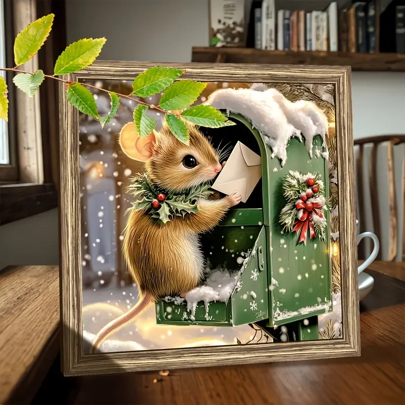 Rustic Wooden Mouse Mailbox Christmas Decor - Snowy Farmhouse Wall Art W/ Holly Wreath, Perfect Holiday Gift For Home & Office_voghion.com