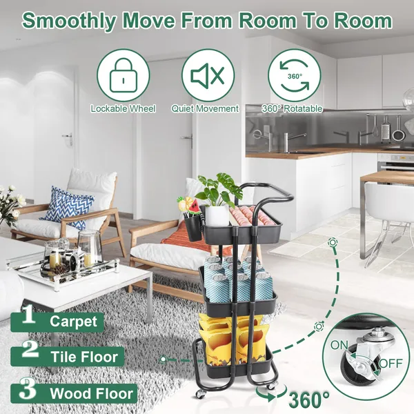 3 Tier Rolling Utility Cart Movable Storage Organizer With Mesh Baskets Lockable Wheels 360 Degree Rotatable Hanging Box Hooks Bedroom Bathroom Kitc_voghion.com