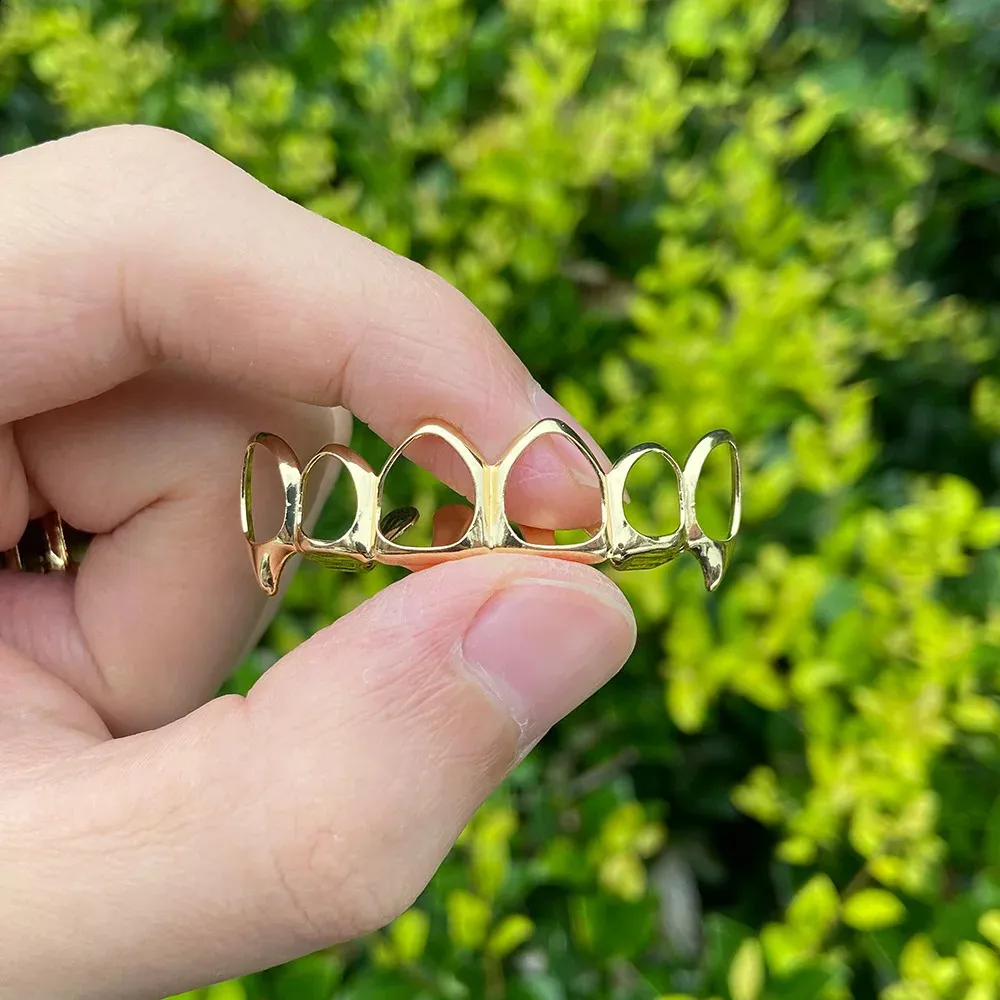 RACHELZ Fashion 6/6 Denti completamente cavi 14K placcati oro Dentiere Decor Bretelle Zanne Griglie dentali per uomo Donna Gioielli_voghion.com