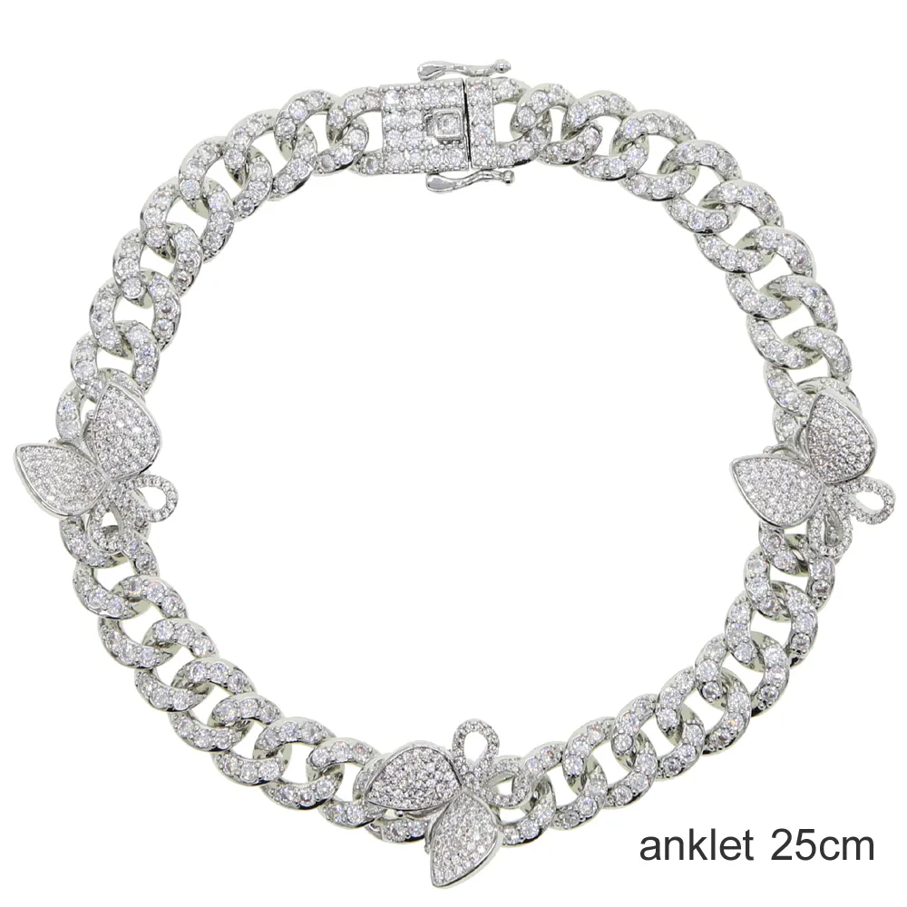 gül gümüş rengi cz küba bacak zinciri moda kadın bling buzlu bağlantı pembe kelebek bilezik takı_voghion.com