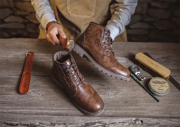 Bottines de travail en cuir marron pour homme, faites à la main, pour l'automne et l'hiver, style vintage, en tendon de bœuf, 240830_voghion.com