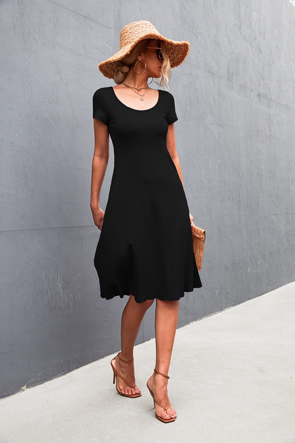 2022 primavera/verão novo vestido básico sólido decote redondo ajuste fino comprimento médio_voghion.com