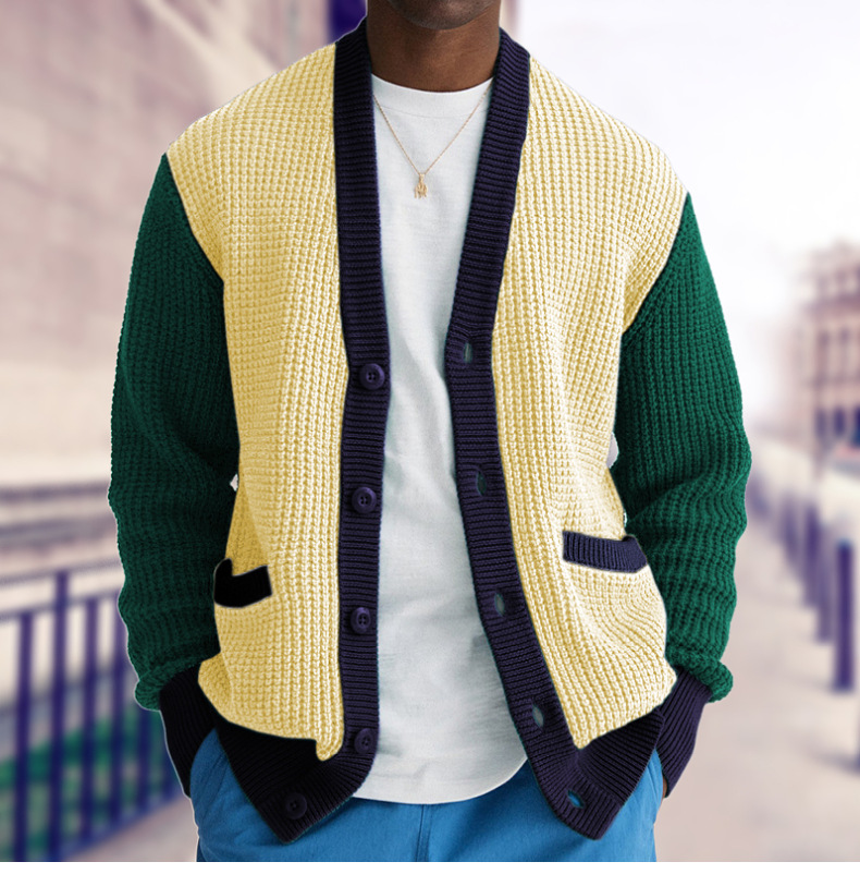 Chemise tricotée pour hommes, Cardigan contrasté, pull à aiguilles grossières, manteau en laine, automne et hiver, SY0193_voghion.com
