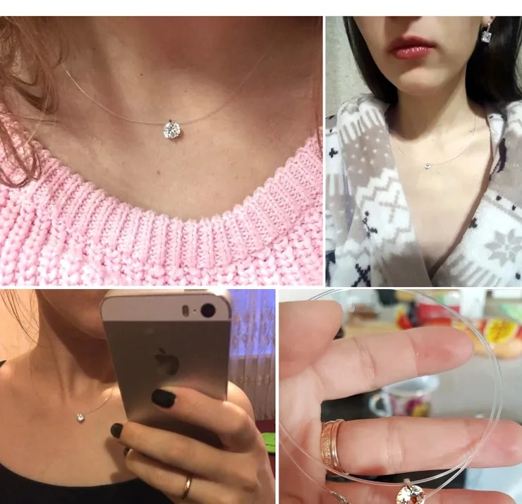 Invisible Crystal Pendant Necklace Simple Teardrop Chain For Women_voghion.com