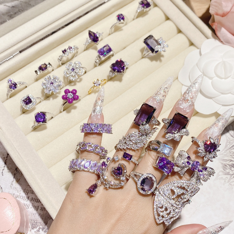 Elegant Purple Diamond Ring Gold Plated Luxurious Sparkle_voghion.com