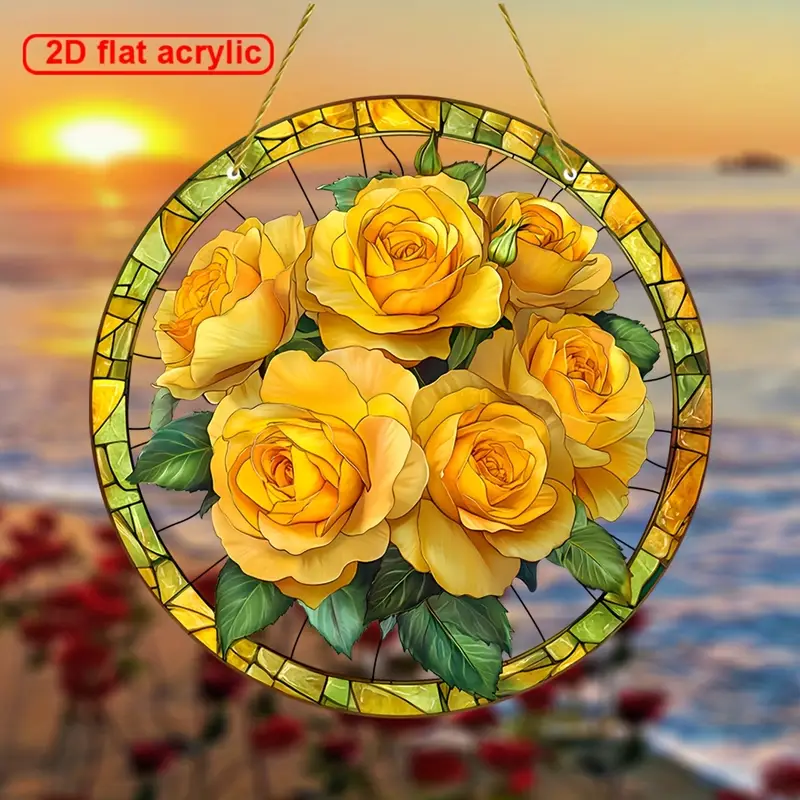Acchiappasole Golden Rose - Arte in acrilico colorato da 8". Decorazione floreale primaverile per ingressi di case coloniche o regalo prezioso per donne._voghion.com