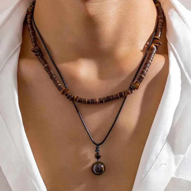 Chaînes Salircon Vintage Ethnique Géométrique Gravel Chaîne Clavicule Collier Boho Noix De Coco Bois Perle Hommes Cou Bijoux_voghion.com