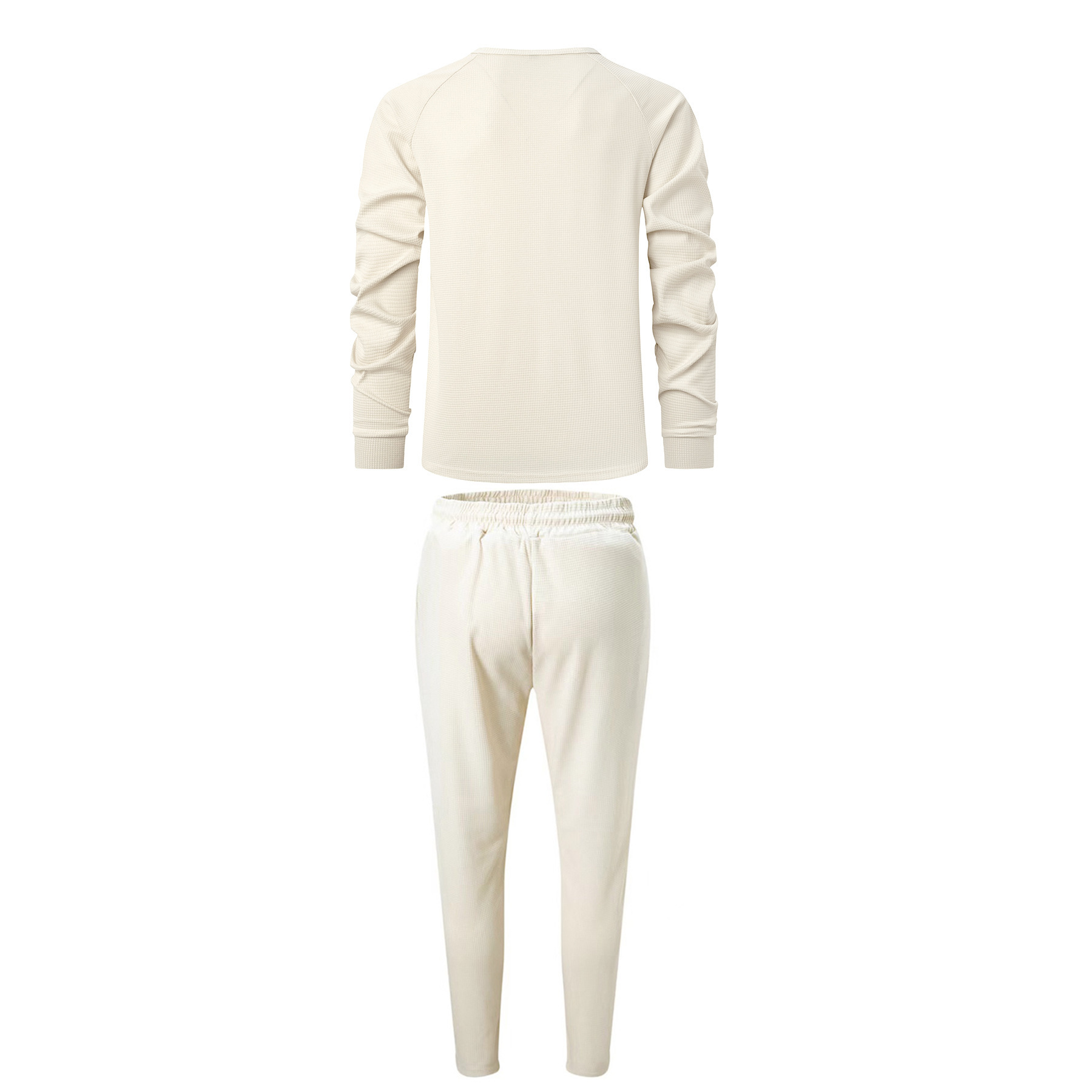 2024 Spring and Autumn New Men's Solid Color Waffler Henley Long sleeved Pants Set_voghion.com