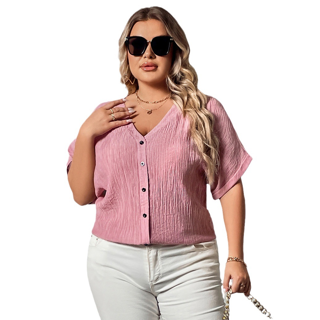 Women's linen v-neck button loose slim short-sleeved shirt tops for women_voghion.com