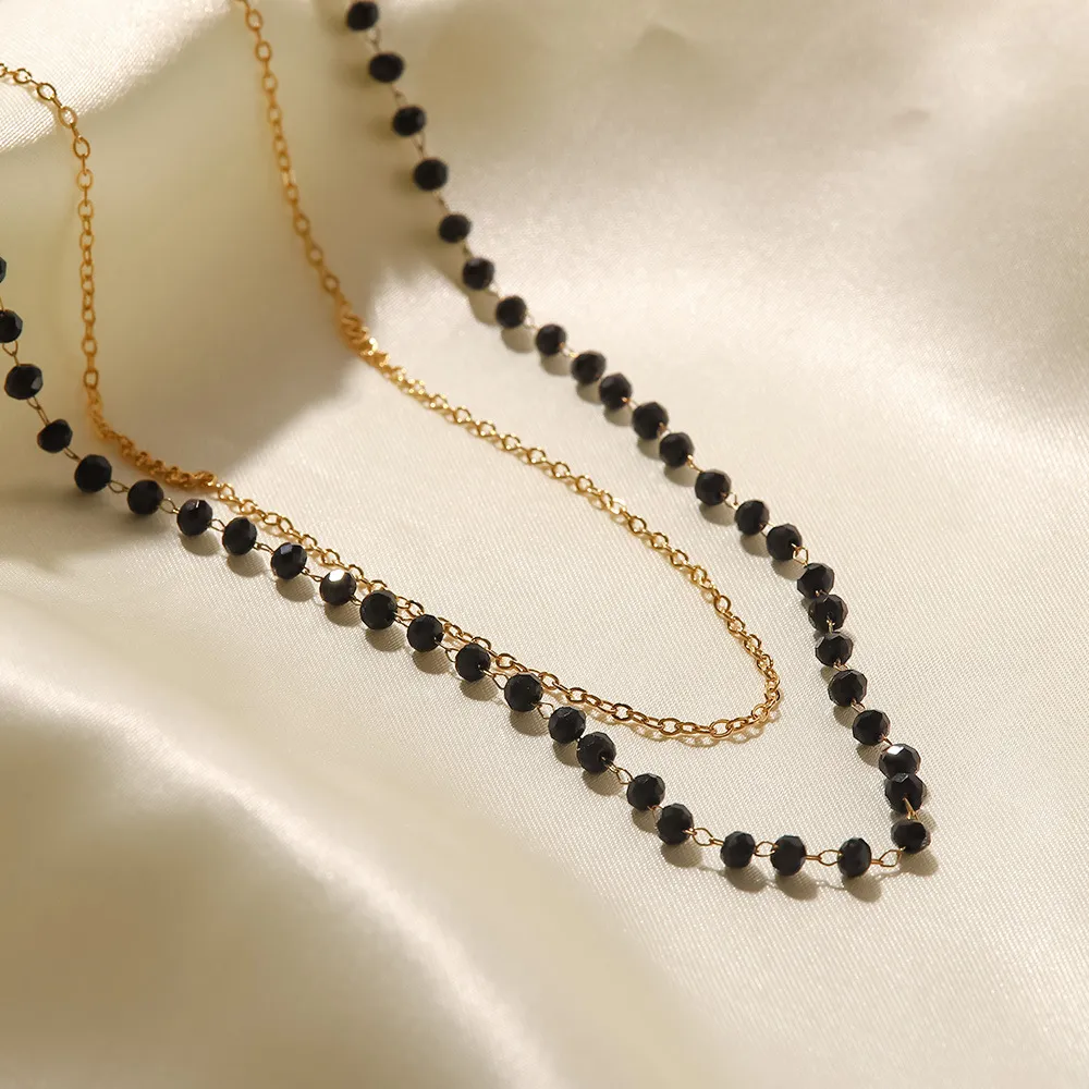 Lanțuri stil boho din oțel inoxidabil cu mărgele negre și piatră de sticlă dublă colier felie accesorii pentru femei_voghion.com