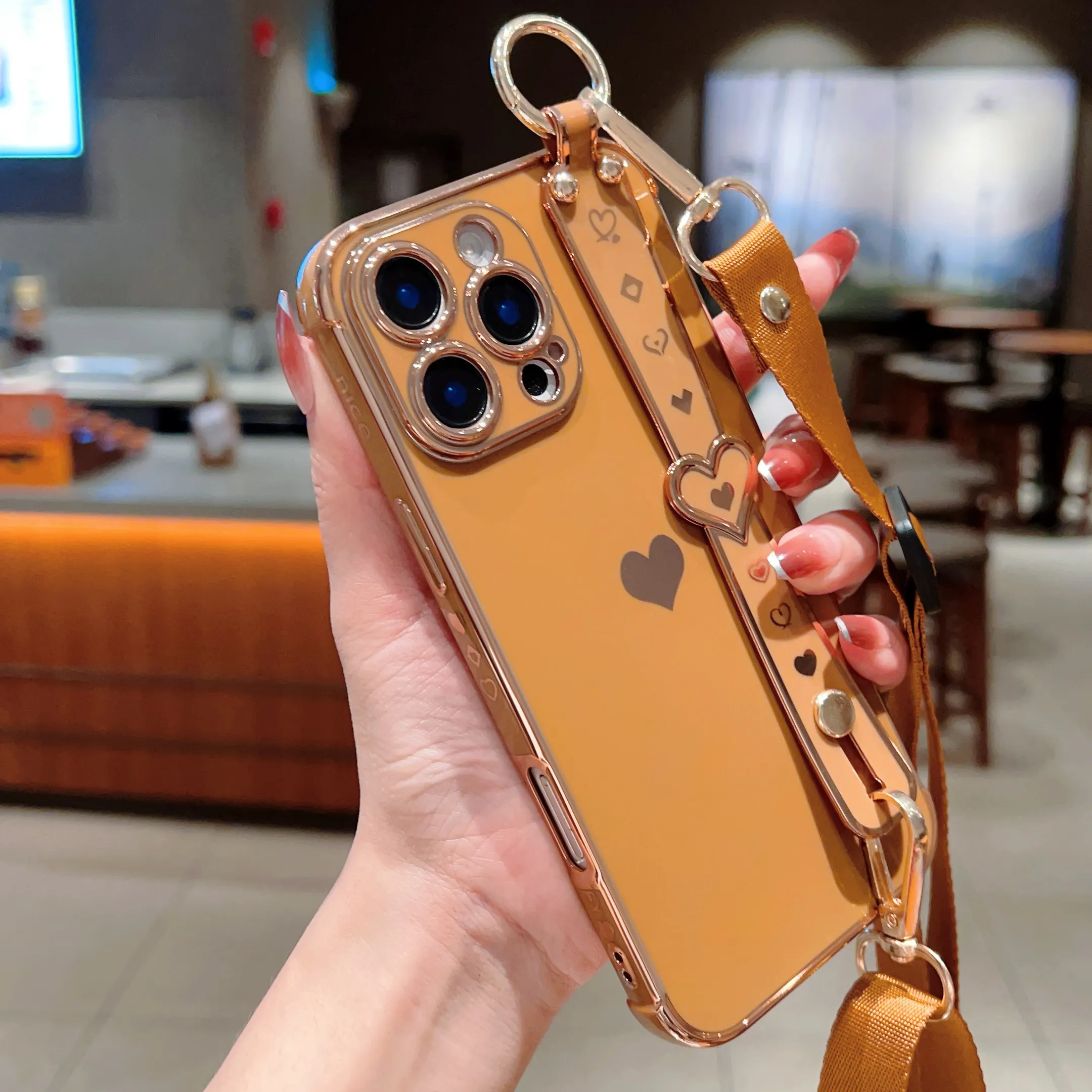 Elegant Heart-Shaped Phone Case: With Adjustable Strap For Security - Protective Mobile Accessory_voghion.com