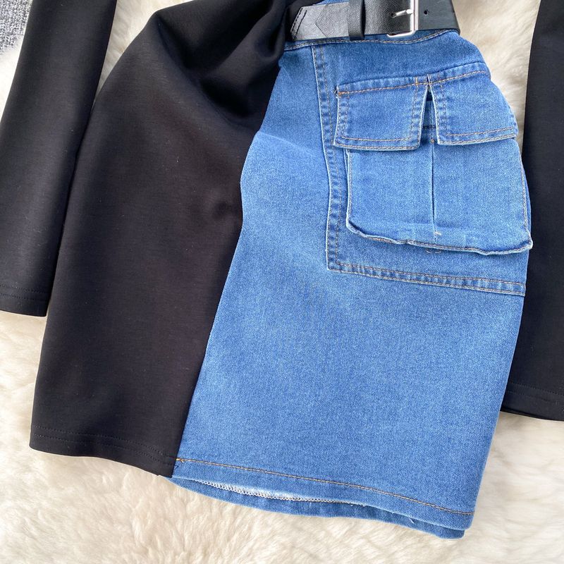 Clothing 2024 Spring Women's Design Color-contrast ing Niche Zipper Slim Short Denim Hip Skirt Dress Women_voghion.com